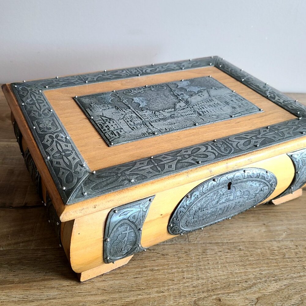 Vintage large Varsovia wooden jewelry box w pewter metal details by Zaczewski.